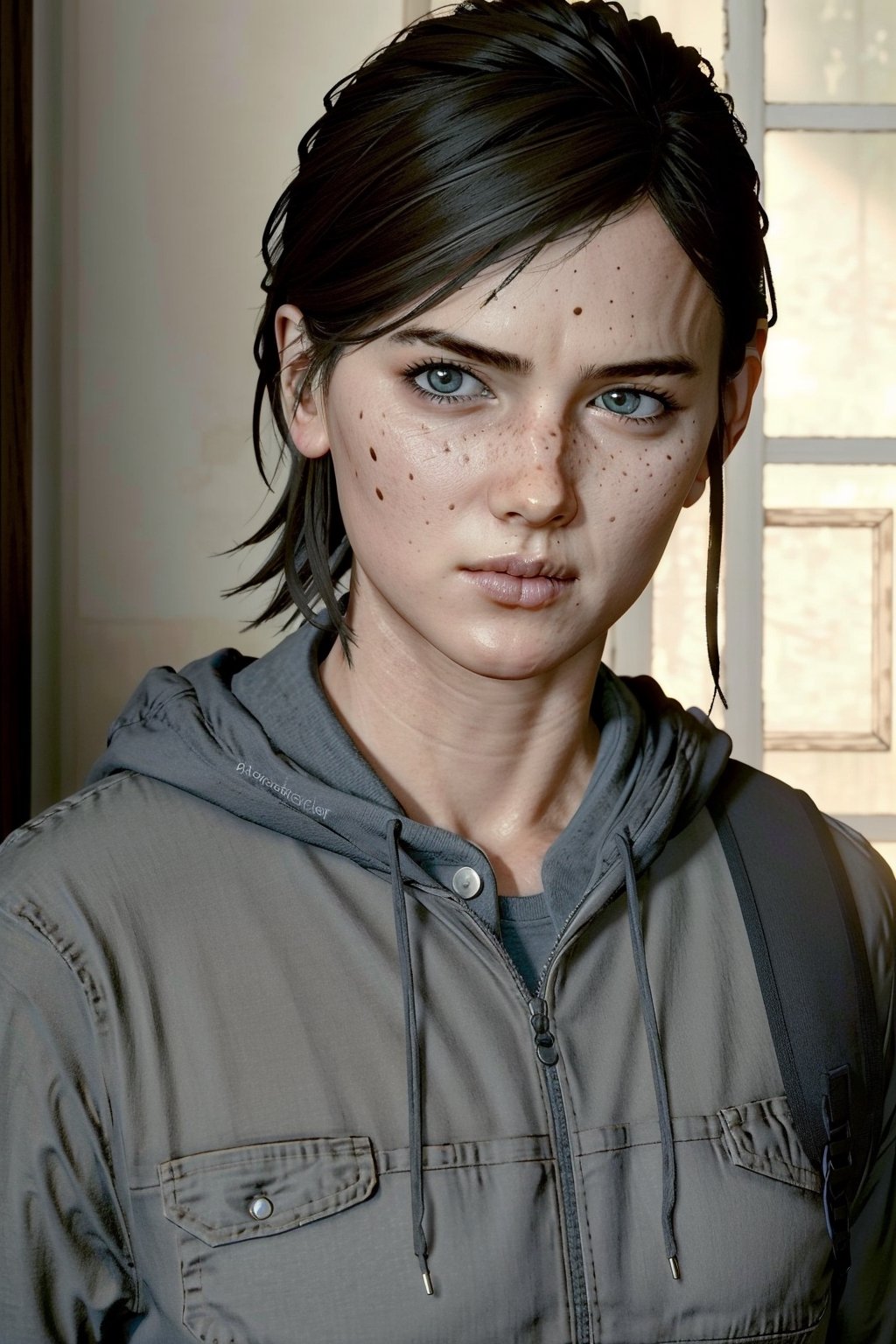 (masterpiece, best quality:1.3)
  
EllieTLOU2, 1girl, solo, looking at viewer, short hair, blue eyes, brown hair, black hair, closed mouth, upper body, hood, lips, mole under eye, hoodie, traditional media, hood down, freckles, realistic, drawstring, blue hoodie