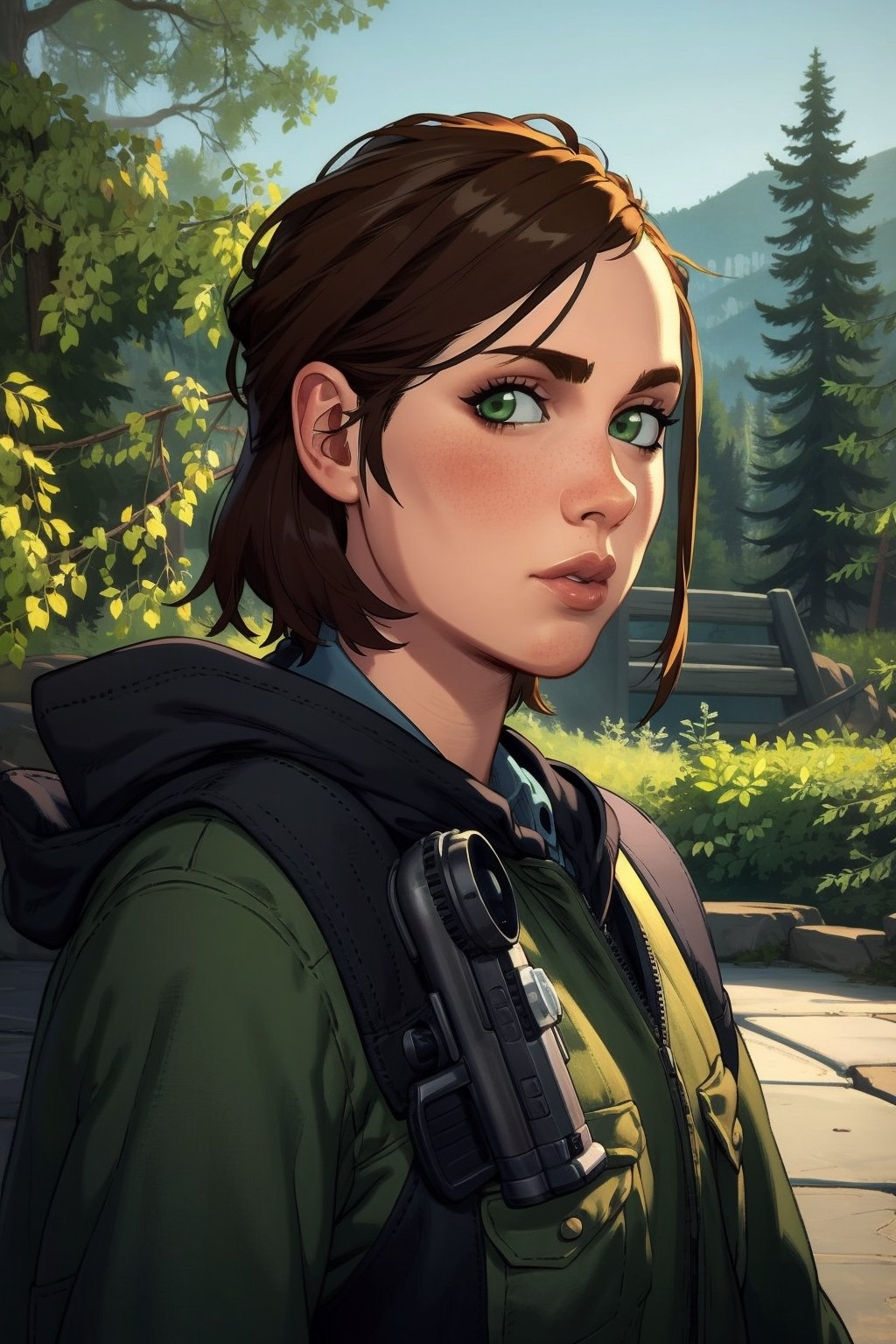 (masterpiece, best quality:1.3)
  
EllieTLOU2, 1girl, solo, looking at viewer, short hair, brown hair, closed mouth, green eyes, upper body, weapon, outdoors, hood, uniform, lips, gun, military, hood down, plant, portrait, nature, handgun, realistic