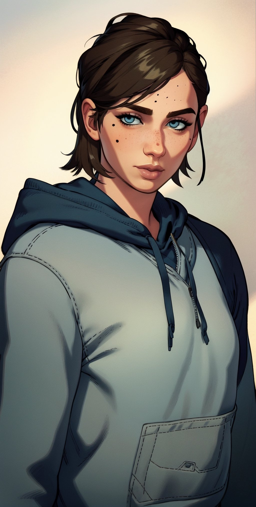 (masterpiece, best quality:1.3)
  
EllieTLOU2, 1girl, solo, looking at viewer, short hair, blue eyes, brown hair, black hair, closed mouth, upper body, hood, lips, mole under eye, hoodie, traditional media, hood down, freckles, realistic, drawstring, blue hoodie