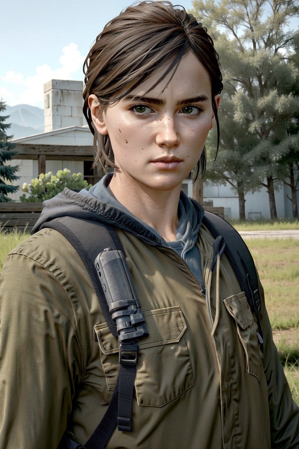 (masterpiece, best quality:1.3)
  
EllieTLOU2, 1girl, solo, looking at viewer, short hair, brown hair, closed mouth, green eyes, upper body, weapon, outdoors, hood, uniform, lips, gun, military, hood down, plant, portrait, nature, handgun, realistic