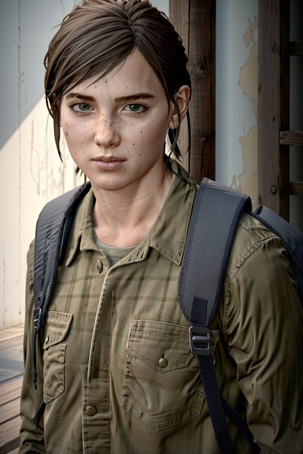 (masterpiece, best quality:1.3)
  
EllieTLOU2, 1girl, solo, short hair, brown hair, shirt, brown eyes, closed mouth, green eyes, jacket, upper body, outdoors, bag, uniform, lips, plaid, military, military uniform, backpack, freckles, brown jacket, realistic, green shirt, brown shirt