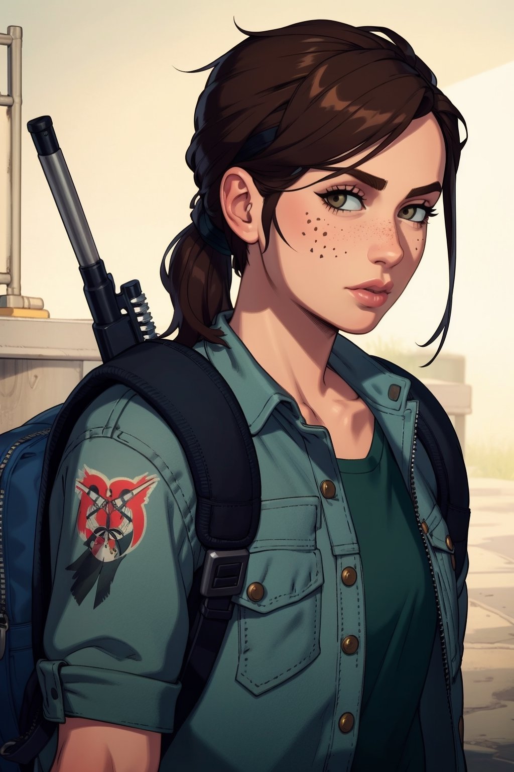 (masterpiece, best quality:1.3)
  
EllieTLOU2, 1girl, solo, short hair, brown hair, shirt, holding, brown eyes, jewelry, closed mouth, jacket, upper body, ponytail, weapon, short sleeves, open clothes, hand up, medium hair, bag, bracelet, lips, gun, torn clothes, black shirt, tattoo, backpack, denim, rifle, freckles, realistic, weapon on back, denim jacket