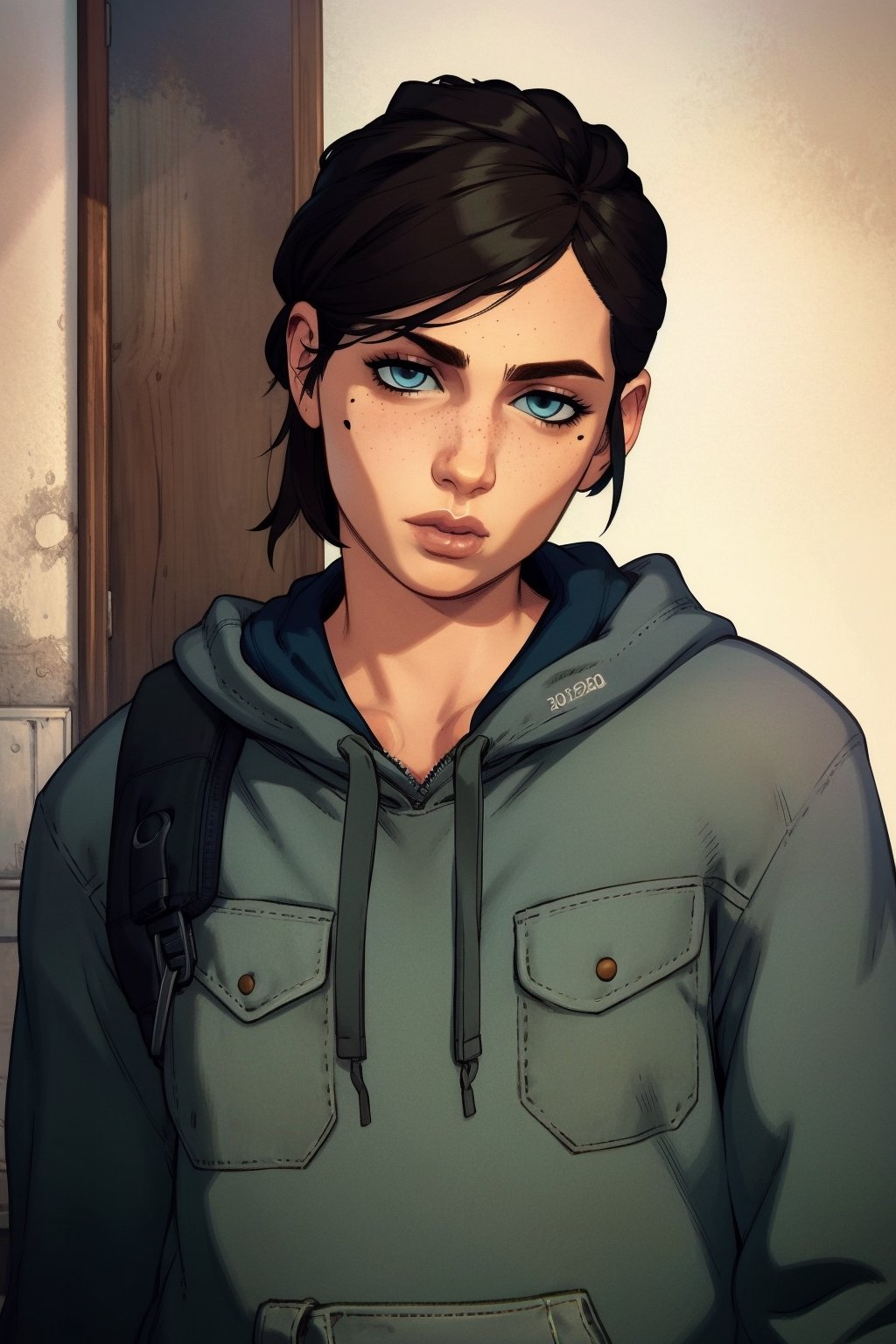 (masterpiece, best quality:1.3)
  
EllieTLOU2, 1girl, solo, looking at viewer, short hair, blue eyes, brown hair, black hair, closed mouth, upper body, hood, lips, mole under eye, hoodie, traditional media, hood down, freckles, realistic, drawstring, blue hoodie