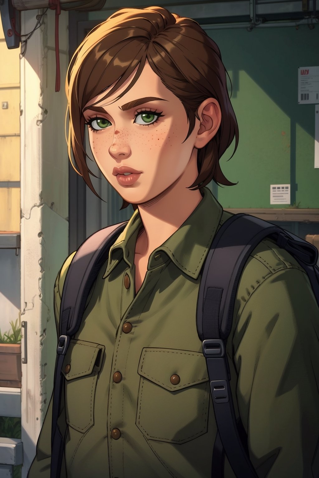 (masterpiece, best quality:1.3)
  
EllieTLOU2, 1girl, solo, short hair, brown hair, shirt, brown eyes, closed mouth, green eyes, jacket, upper body, outdoors, bag, uniform, lips, plaid, military, military uniform, backpack, freckles, brown jacket, realistic, green shirt, brown shirt