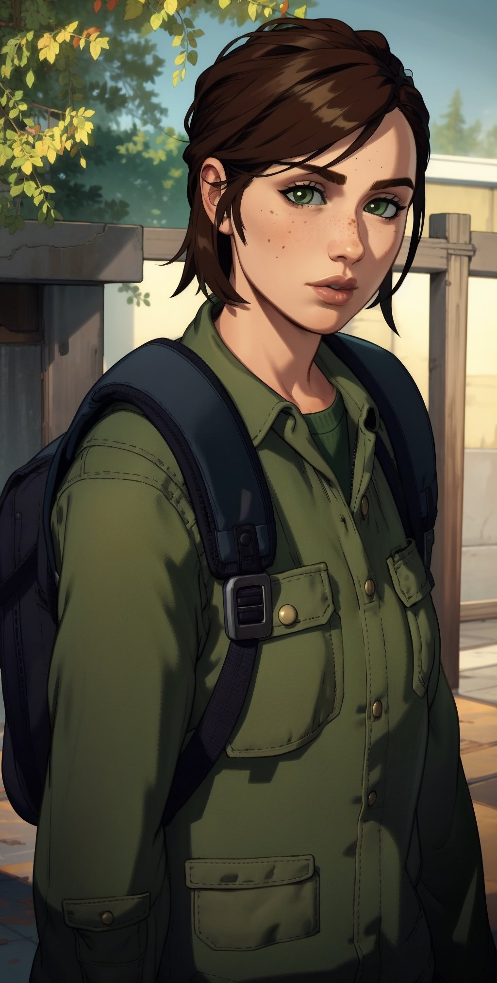 (masterpiece, best quality:1.3)
  
EllieTLOU2, 1girl, solo, short hair, brown hair, shirt, brown eyes, closed mouth, green eyes, jacket, upper body, outdoors, bag, uniform, lips, plaid, military, military uniform, backpack, freckles, brown jacket, realistic, green shirt, brown shirt