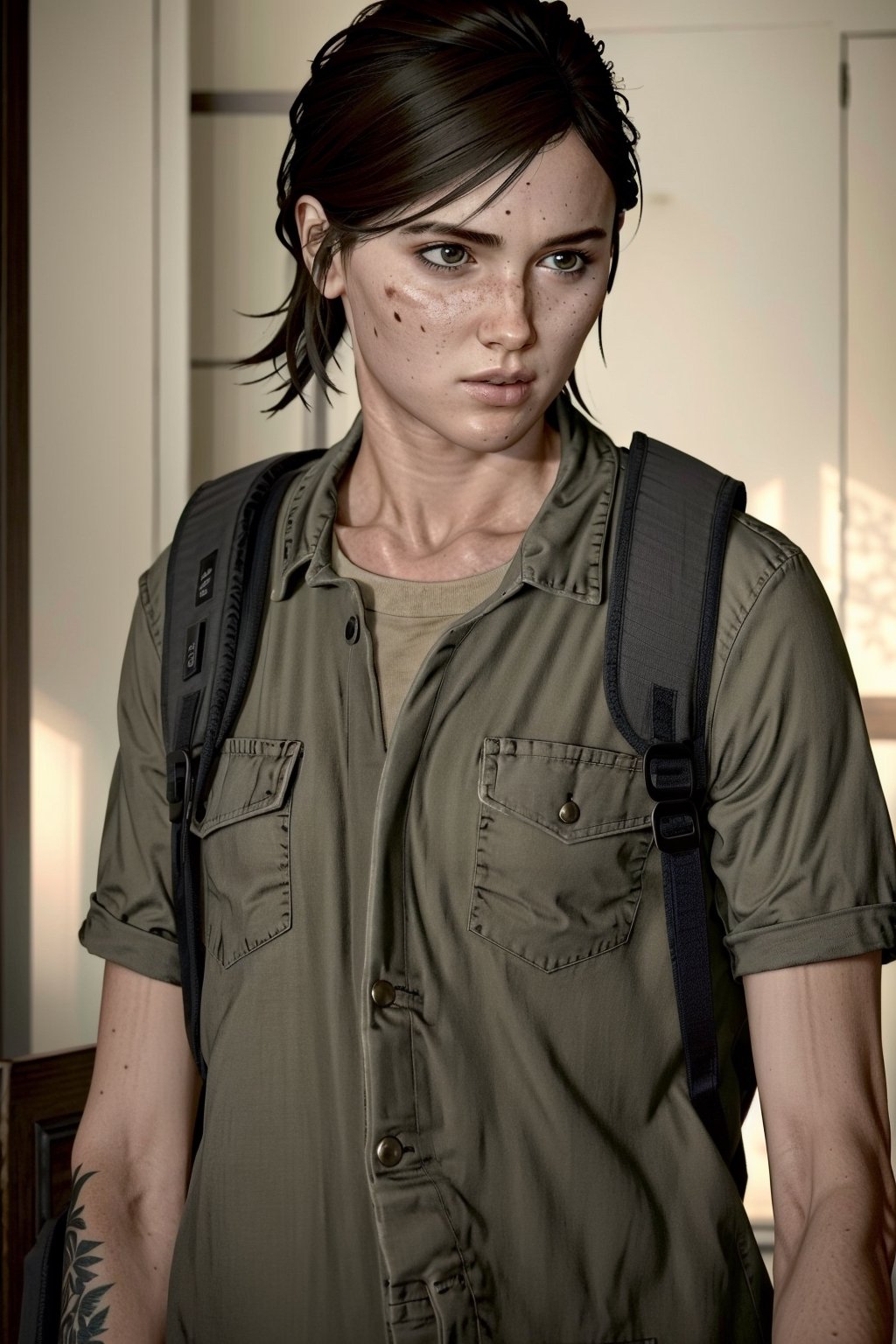 (masterpiece, best quality:1.3)
  
EllieTLOU2, 1girl, solo, short hair, brown hair, shirt, holding, brown eyes, jewelry, closed mouth, jacket, upper body, ponytail, weapon, short sleeves, open clothes, hand up, medium hair, bag, bracelet, lips, gun, torn clothes, black shirt, tattoo, backpack, denim, rifle, freckles, realistic, weapon on back, denim jacket