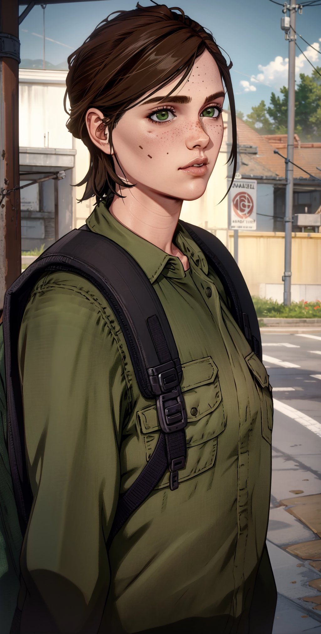 (masterpiece, best quality:1.3)
  
EllieTLOU2, 1girl, solo, short hair, brown hair, shirt, brown eyes, closed mouth, green eyes, jacket, upper body, outdoors, bag, uniform, lips, plaid, military, military uniform, backpack, freckles, brown jacket, realistic, green shirt, brown shirt