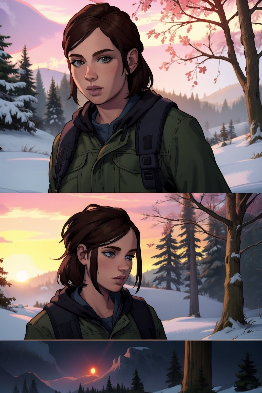 (masterpiece, best quality:1.3)
  
EllieTLOU2, 1girl, solo, short hair, brown hair, Winter Gear, Snowy Forest, Sunrise, Pink and Purple Light detailed, centered, digital painting, artstation, concept art, donato g