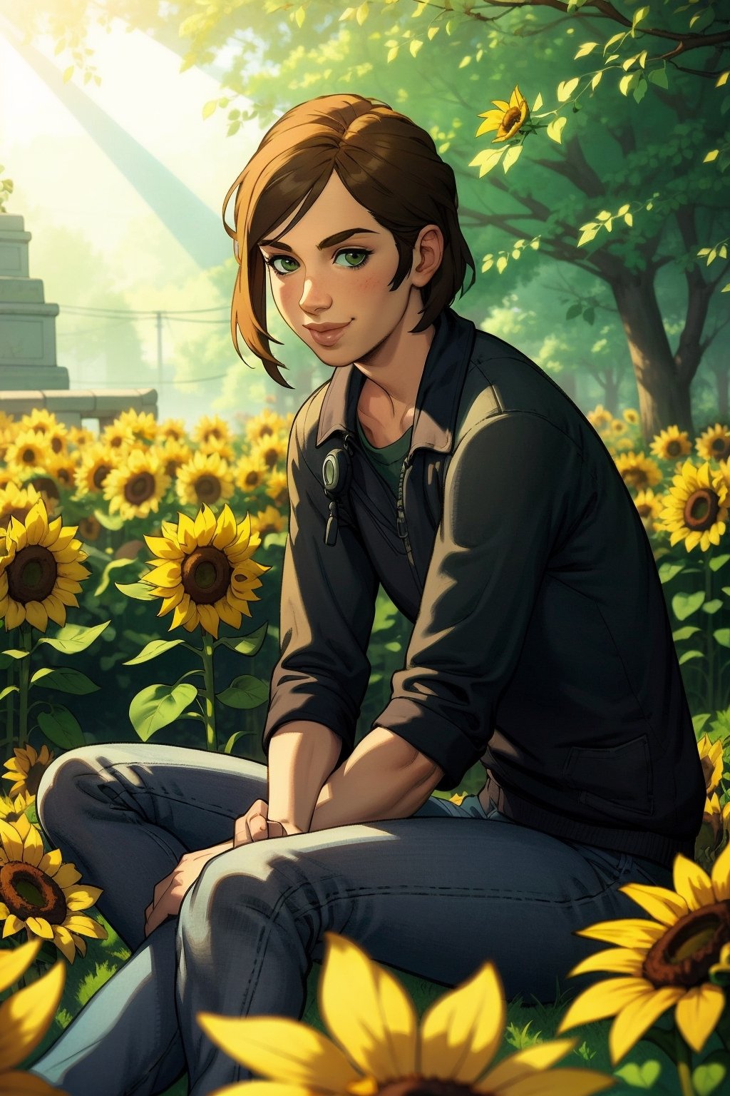 (masterpiece, best quality:1.3)
  
EllieTLOU2, 1girl, solo, short hair, brown hair, sitting in a sunflower field, smiling, sunlight,  close up, details, sharp focus, illustration, by Jordan Grimmer and greg r