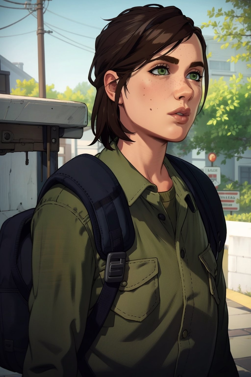 (masterpiece, best quality:1.3)
  
EllieTLOU2, 1girl, solo, short hair, brown hair, shirt, brown eyes, closed mouth, green eyes, jacket, upper body, outdoors, bag, uniform, lips, plaid, military, military uniform, backpack, freckles, brown jacket, realistic, green shirt, brown shirt