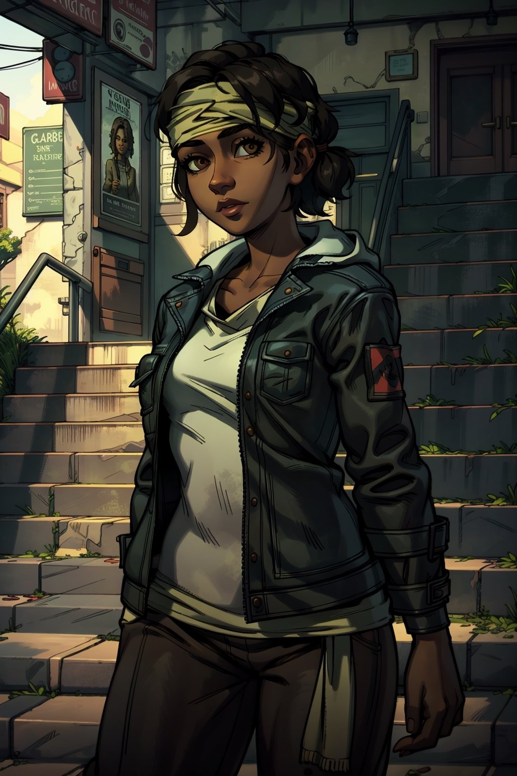 (masterpiece, best quality)
1girl, ClemTWD, solo, dark skin, dark-skinned female, very dark skin, brown eyes, stairs, realistic, jacket, bandana, brown hair, black hair, headband, short hair
,  ,  