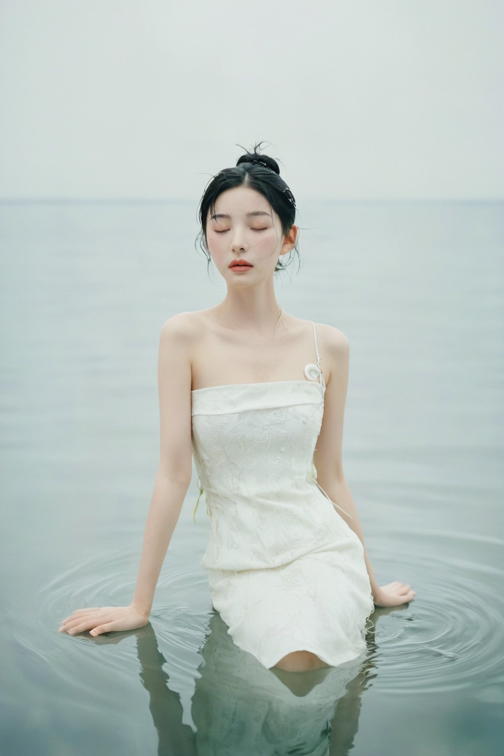  analog film photo A black-haired girl, wearing a white dress, with a single hair bun adorned with a hairpin, her eyes closed, standing alone on the water surface, reflecting her image. She is a fair-skinned female, revealing her collarbone and bare shoulders as she faces the viewer, against a light gray background in a minimalist style. . faded film, desaturated, 35mm photo, grainy, vignette, vintage, Kodachrome, Lomography, stained, highly detailed, found footage, realistic,monkren