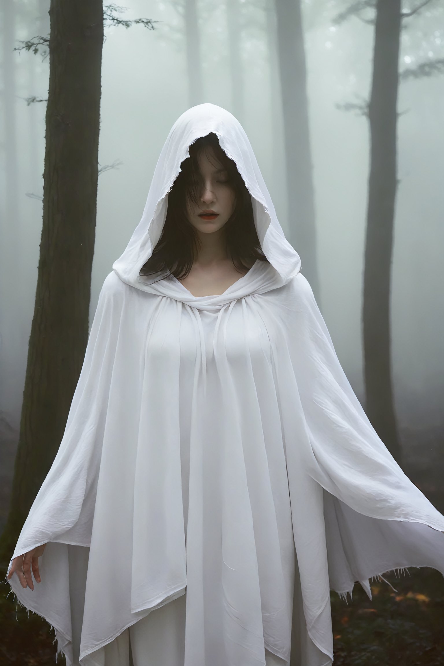  ghost,hood,torn cloak, faceless, nature, forest, night, fog, night sky, 1girl, solo, breasts, no humans, floating, white clothes, hell, realistic, Fairy