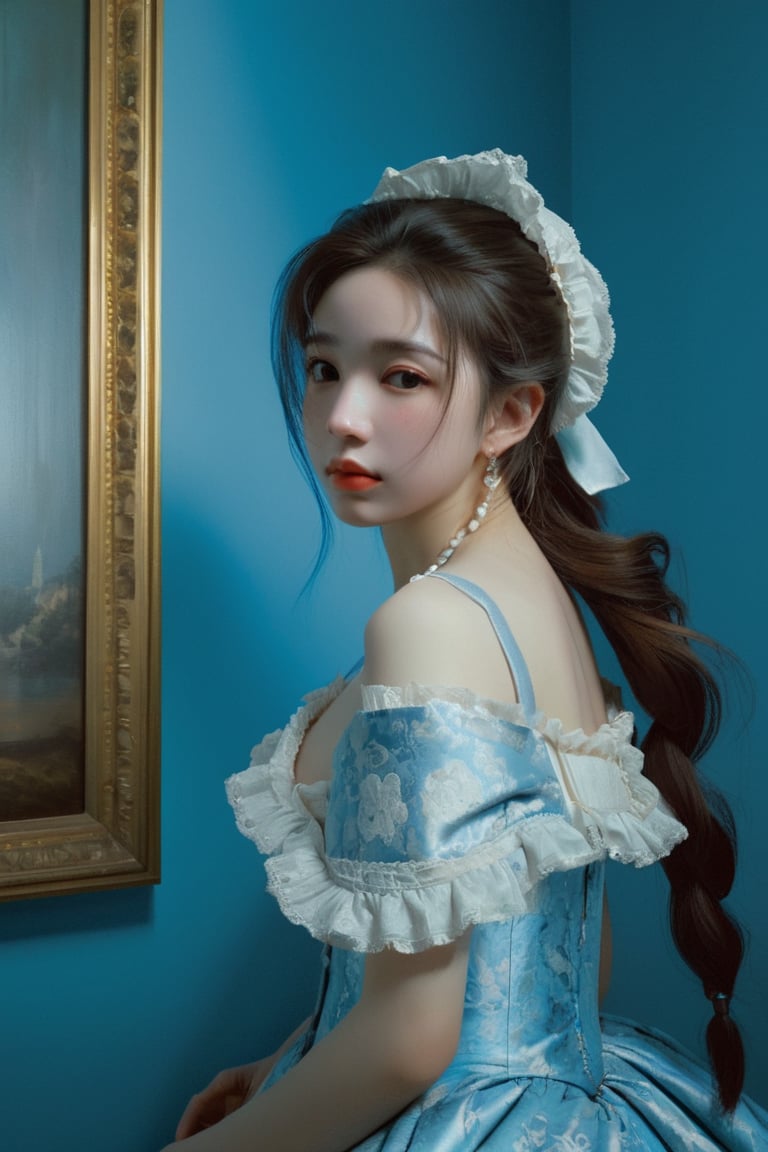 Realistic photo, 1 girl, masterpiece, Rococo style, highest quality, high quality, cute, (__camAngles__: 1.0), high-rise, Jeremy Lipking, Antonio J. Manzanedo, with a pure blue background. (()