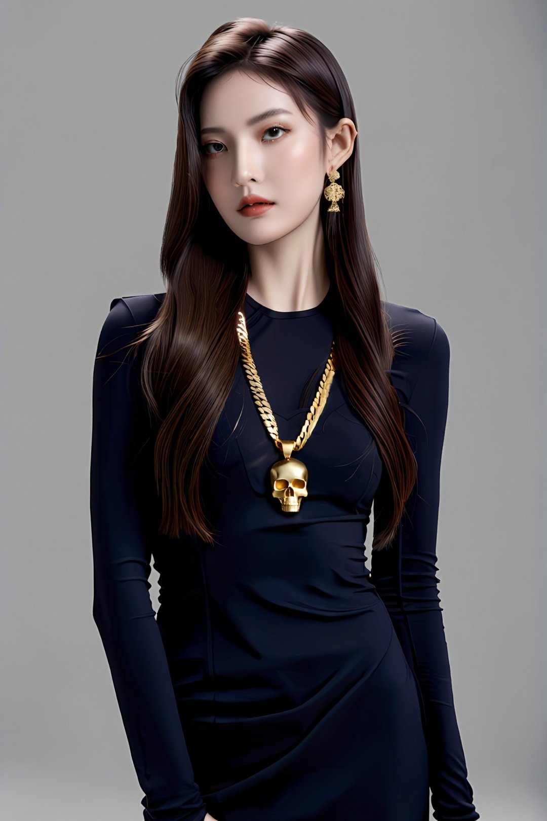  a woman with long black hair and a gold skull necklace, by Yang J, tumblr, she has beautiful bone structure, yanjun chengt, dark cinematic color tones, with white long hair, black jewelry, with grey skin, black rose, jaeyeon nam, wearing black clothes,lyf