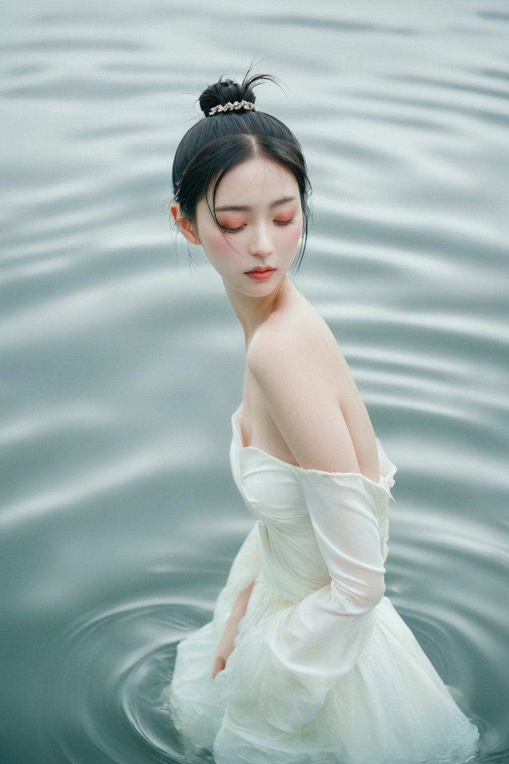  analog film photo A black-haired girl, wearing a white dress, with a single hair bun adorned with a hairpin, her eyes closed, standing alone on the water surface, reflecting her image. She is a fair-skinned female, revealing her collarbone and bare shoulders as she faces the viewer, against a light gray background in a minimalist style. . faded film, desaturated, 35mm photo, grainy, vignette, vintage, Kodachrome, Lomography, stained, highly detailed, found footage, realistic