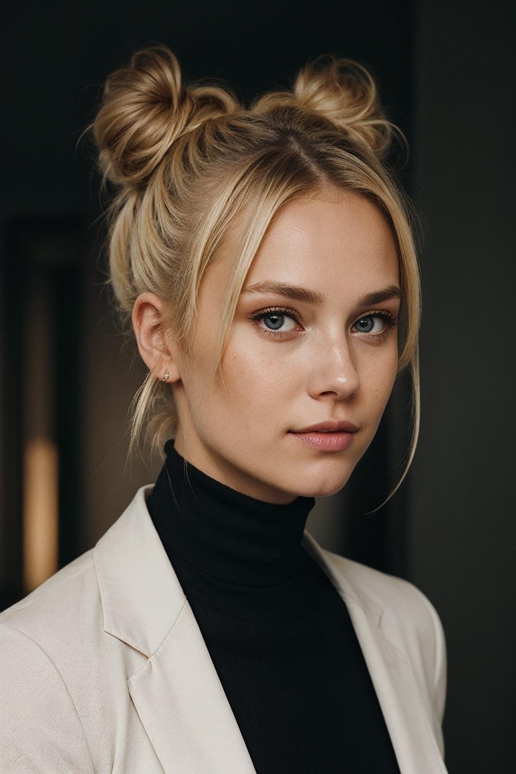 an eye contact of a blond with bun hair and dark theme