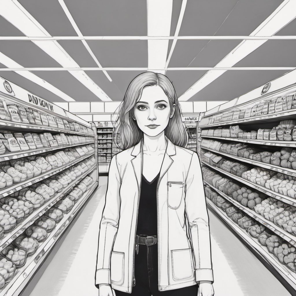 (Masterpiece:1.2) , full body, wide shot, white background, art by Anne Sudworth, art by Olivia Locher, American Impressionism, Regency A woman Visiting in a supermarket, 😀, coloring book page, drwnbk <lora:drawingbooksdxl2:0.8>