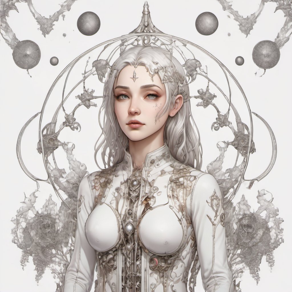 (Masterpiece:1.2) , full body, wide shot, white background, art by Jeannette Guichard-Bunel, Simplified style, Unappealing Clockwork Byzantine ( A woman:1.1) surrounded by Libra constellation, 😖, Platinum hair, Anime, Unreal Engine, Digital artwork, coloring book page, drwnbk <lora:drawingbooksdxl2:0.8>