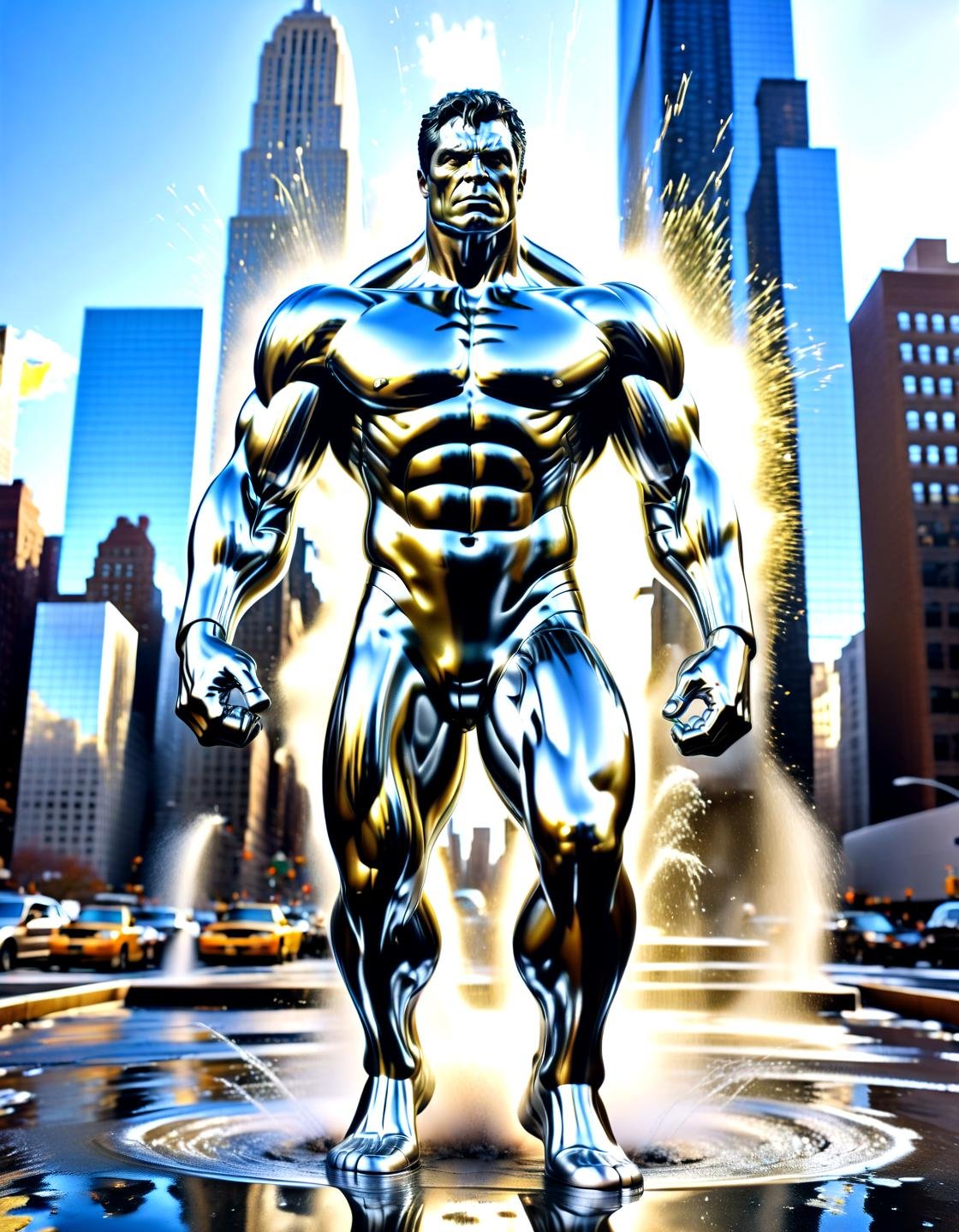 Action Films the hulk chrome skin,in new york city, polished metal, cable, raining, explosion, smoke, fire, black hair, broken demin pant,,, Action Films, often for intense sequences, heroic characters, or adrenaline-fueled excitement.