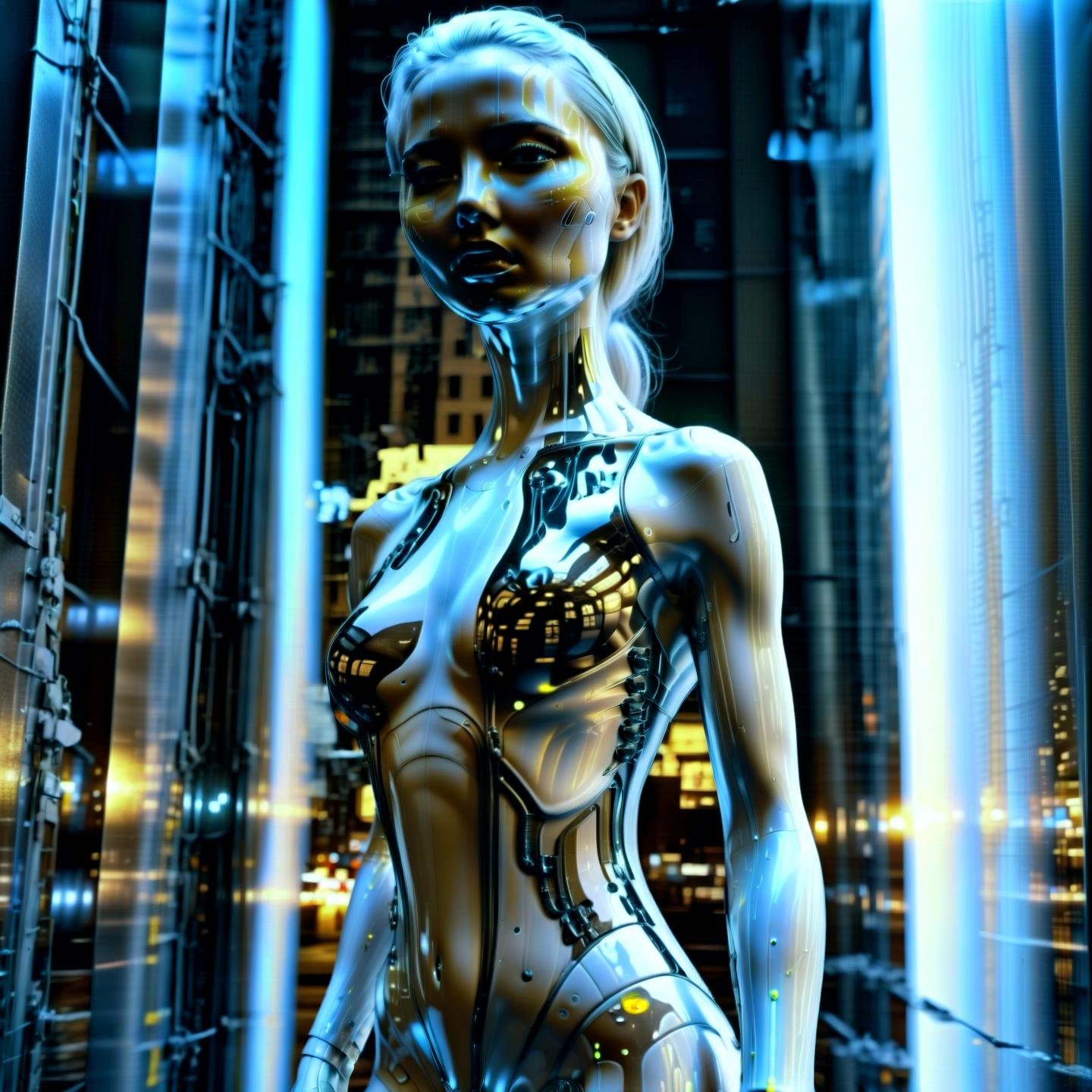 Haute Couture cyberpunk style, 1girl with chorme skin, (full body:1.331), hightech_robotics, (white hair:1.4), with light in her eyes and dark smoke around her body, (white head:1.1), (neon crisscrossing fine lines on face:1.2), (many neon pins pricked the entire head), BREAK stands still in a back alley, looking out to the crowded main street with neon sign, she is hoping to find the next victim, outdoors, high-tech cyberpunk nightcity background, (unreal engine), ray tracing, dynamic light, godrays, reflections, fisheye view, from below angle, long distance shot, hyper detailed, high quality, neon, dystopian, futuristic, digital, vibrant, detailed, high contrast,  (by h.r. giger:1.01),,, Haute Couture, often for exclusive fashion, custom-fitted garments, or high-end design.