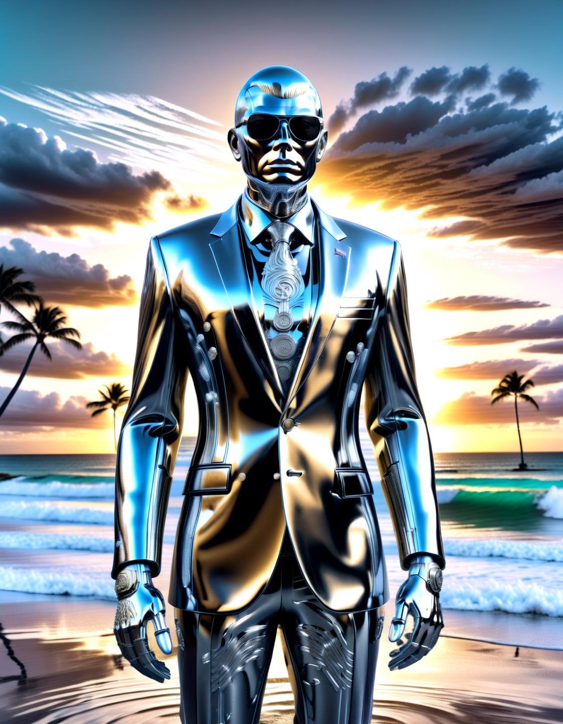 biomechanical cyberpunk donald trump, chrome skin, wearing a suit made of polyester, candy cotton clouds,robot face, mechanical parts, at a beach,mar a lago, palm tree, waves, water, watersplash, sunglass, nuclear waste, acid, toxic, toxic barrels, cyberpunk, neon lights, polished metal, cable,, . cybernetics, human-machine fusion, dystopian, organic meets artificial, dark, intricate, highly detailed