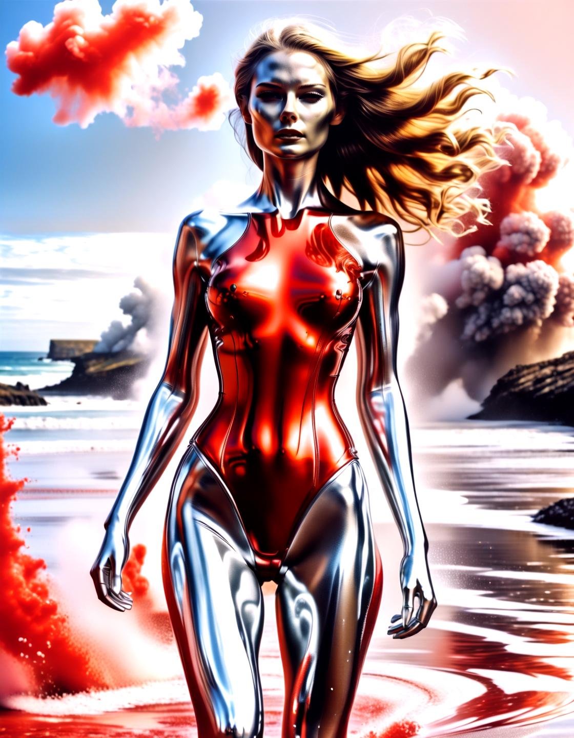 Action Films a 1girl, chrome skin, wearing a red dress, explosion, smoke, candy cotton clouds, at a beach,,, Action Films, often for intense sequences, heroic characters, or adrenaline-fueled excitement.