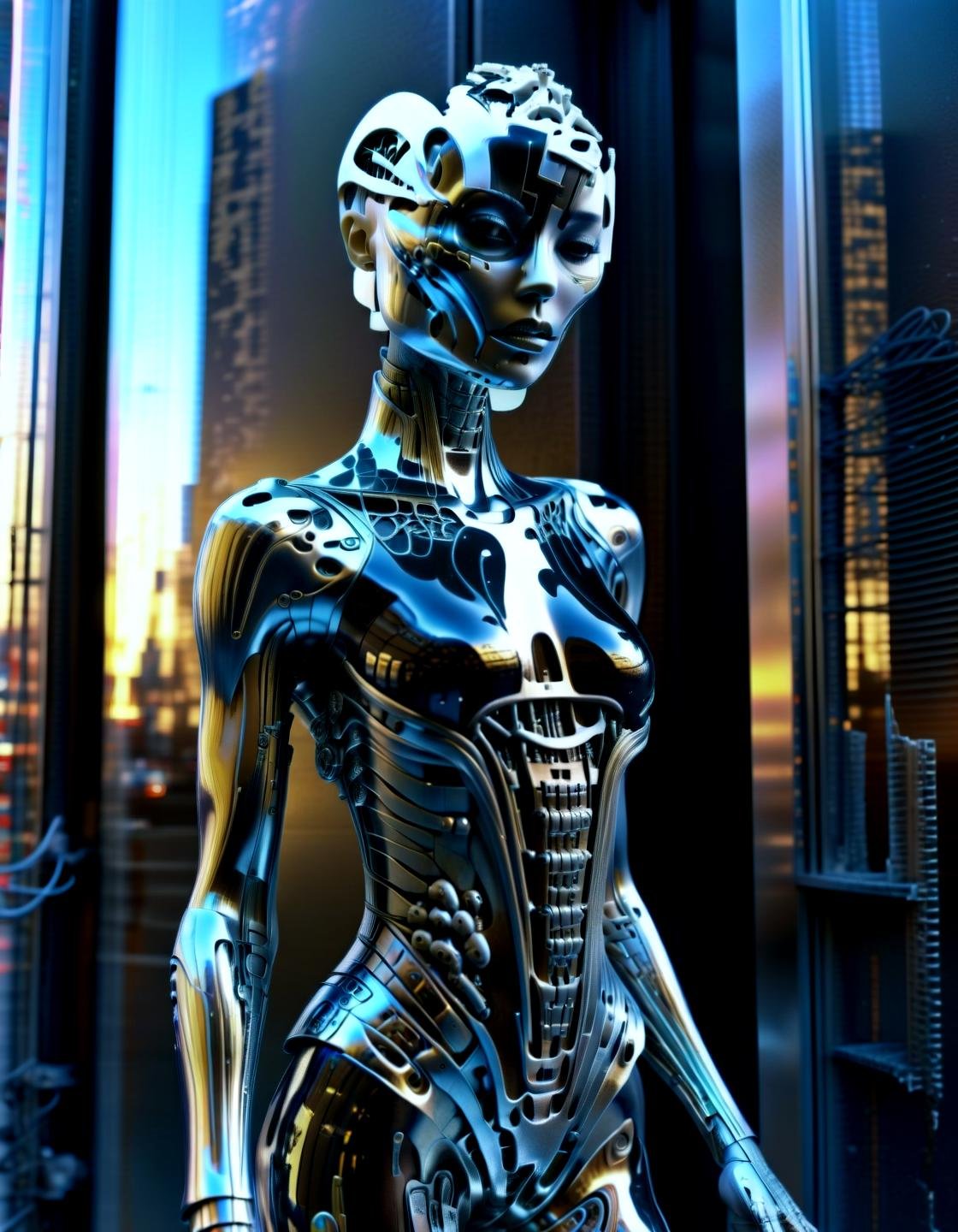 Haute Couture Fashion cyberpunk style, , solo, female with chorme skin, (full body:1.331), hightech_robotics Pinhead (Hellraiser) with light in his eyes and dark smoke around his body, (white head:1.3), (neon crisscrossing fine lines on face:1.2), (many neon pins pricked the entire head), BREAK stands still in a back alley, looking out to the crowded main street with neon sign, he is hoping to find the next victim, outdoors, high-tech cyberpunk nightcity background, (unreal engine), ray tracing, dynamic light, godrays, reflections, fisheye view, from below angle, long distance shot, hyper detailed, high quality, neon, dystopian, futuristic, digital, vibrant, detailed, high contrast, reminiscent of cyberpunk genre, (by h.r. giger:1.05),,, Haute Couture Fashion, often for custom-fitted clothing, luxurious materials, or high-end design.