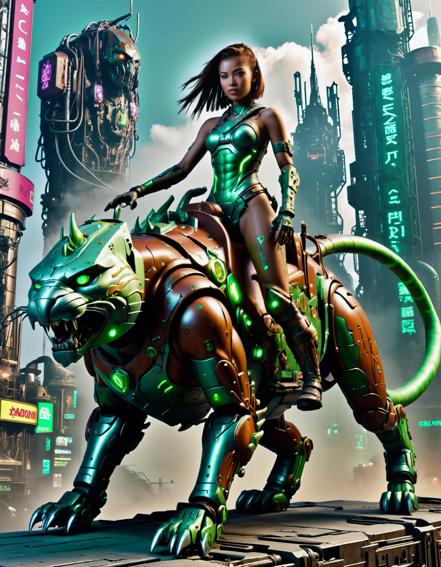 biomechanical cyberpunk 1girl cyborg,made of rusty patina metal skin, robot face, riding a green battlecat,rein, cyberpunk city, skyline, neon lights, explosion, glitterbomb, glitter, smoke, mechanical parts, mechanical arm, cables . cybernetics, human-machine fusion, dystopian, organic meets artificial, dark, intricate, highly detailed