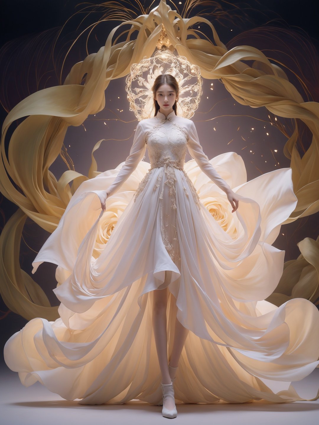 cinematic photo official art,unity 8k wallpaper,ultra detailed,aesthetic,masterpiece,best quality,photorealistic,entangle,purple rose,tangle,entangle,1girl,chinese woman,(full body:1.2),Glowing eyes,tears,Golden eyeshadows,ecstasy of flower,dynamic angle,the most beautiful form of chaos,elegant,a brutalist designed,Gradient colours,romanticism,film,professional,highly detailed,skin detail realistic,Glass fragments,Shimmering Crysta,looking at viewer,(long legs:1.5),(zentangle, mandala, tangle, entangle),(china_dress:1.1),(better hands,hands at the waist:1.2),random attitude,<lora:HSDRESS:0.4>,