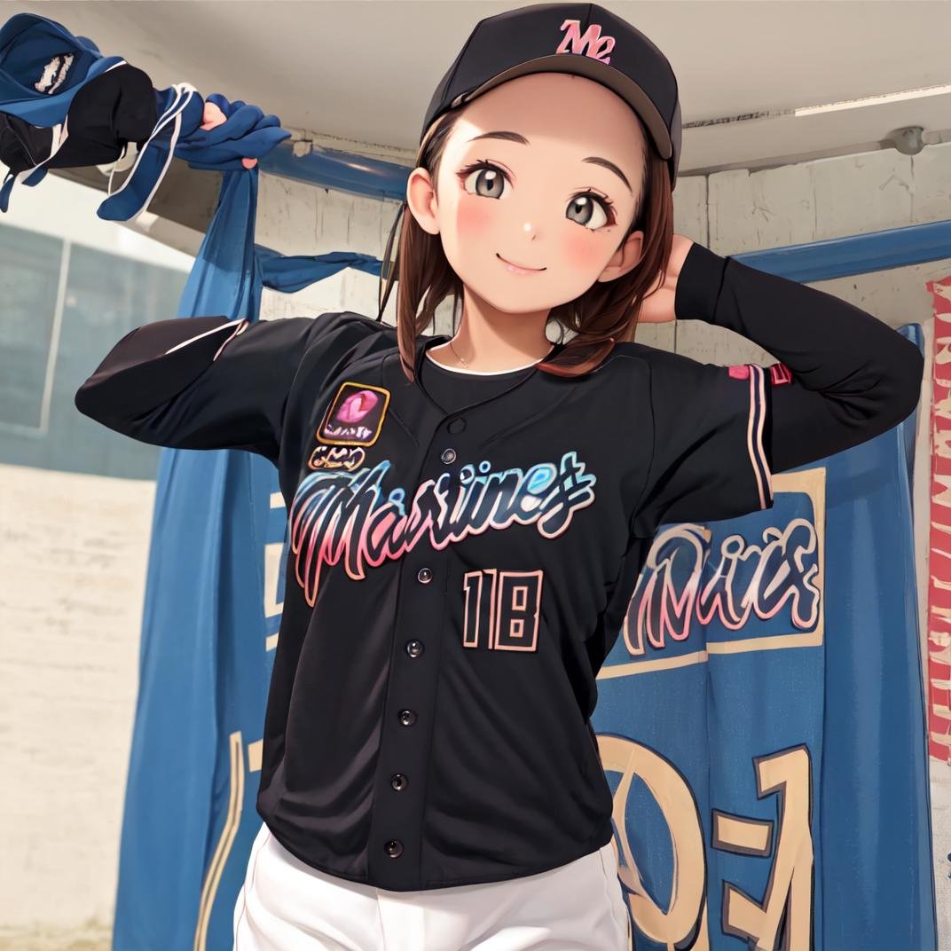 best quality, ultra-detailed, illustration,BSW2023, baseball uniform, black shirt, 1girl, solo,  baseball cap, looking at viewer, smile, upper body, long sleeves, black headwear, black hair, facial hair, gradient, baseball stadium,  <lora:Chiba_Lotte_Marines_BSW2023_Uniform_SD15_V1:1>