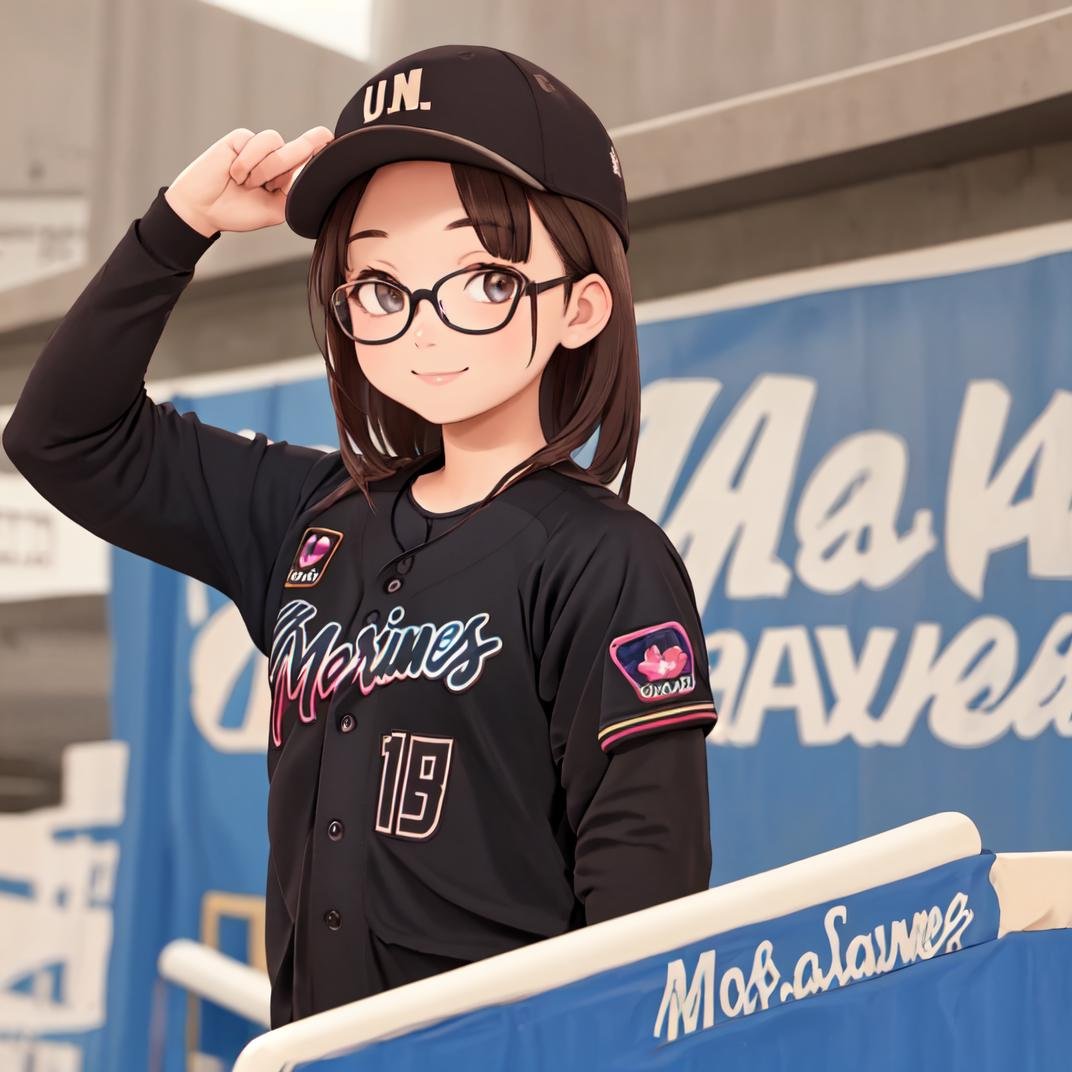 best quality, ultra-detailed, illustration,BSW2023, baseball uniform, black shirt, 1girl, glasses, solo,  baseball cap, looking at viewer, smile, upper body, long sleeves, black headwear, black hair, facial hair, gradient, baseball stadium,  <lora:Chiba_Lotte_Marines_BSW2023_Uniform_SD15_V1:1>