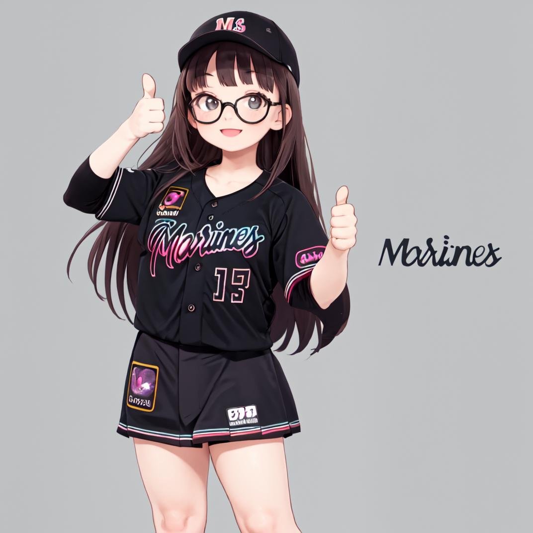 best quality, ultra-detailed, illustration,1girl, solo, glasses, black hair, long hair, looking at viewer, happy, laughing, standing, thumbs up, BSW2023, baseball uniform, black shirt, skirt, gray background, simple background, baseball cap,  <lora:Chiba_Lotte_Marines_BSW2023_Uniform_SD15_V1:1>