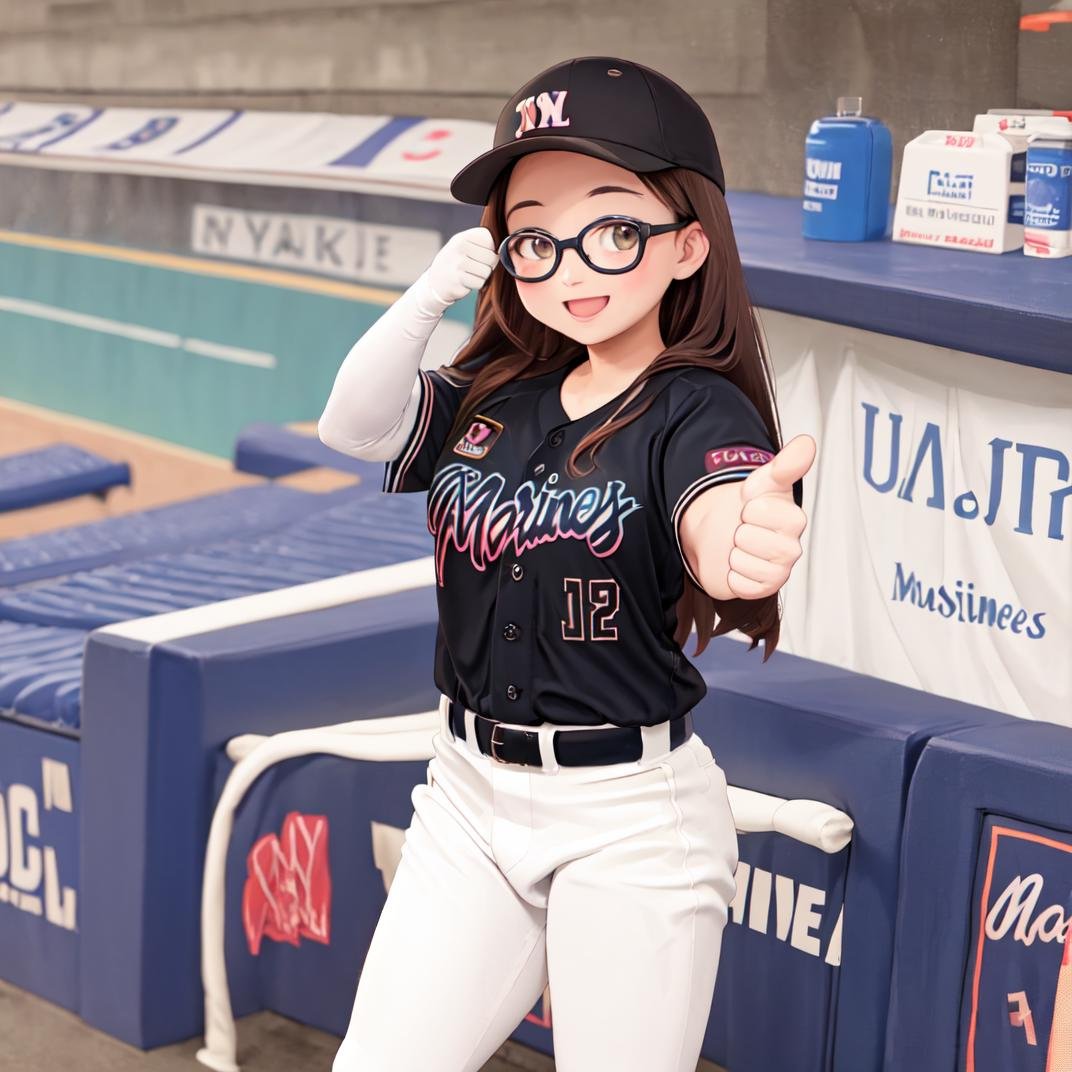 best quality, ultra-detailed, illustration,1girl, solo, glasses, black hair, long hair, looking at viewer, happy, laughing, standing, thumbs up, BSW2023, baseball uniform, black shirt, baseball cap, white pants, belt, baseball stadium,  <lora:Chiba_Lotte_Marines_BSW2023_Uniform_SD15_V1:1>