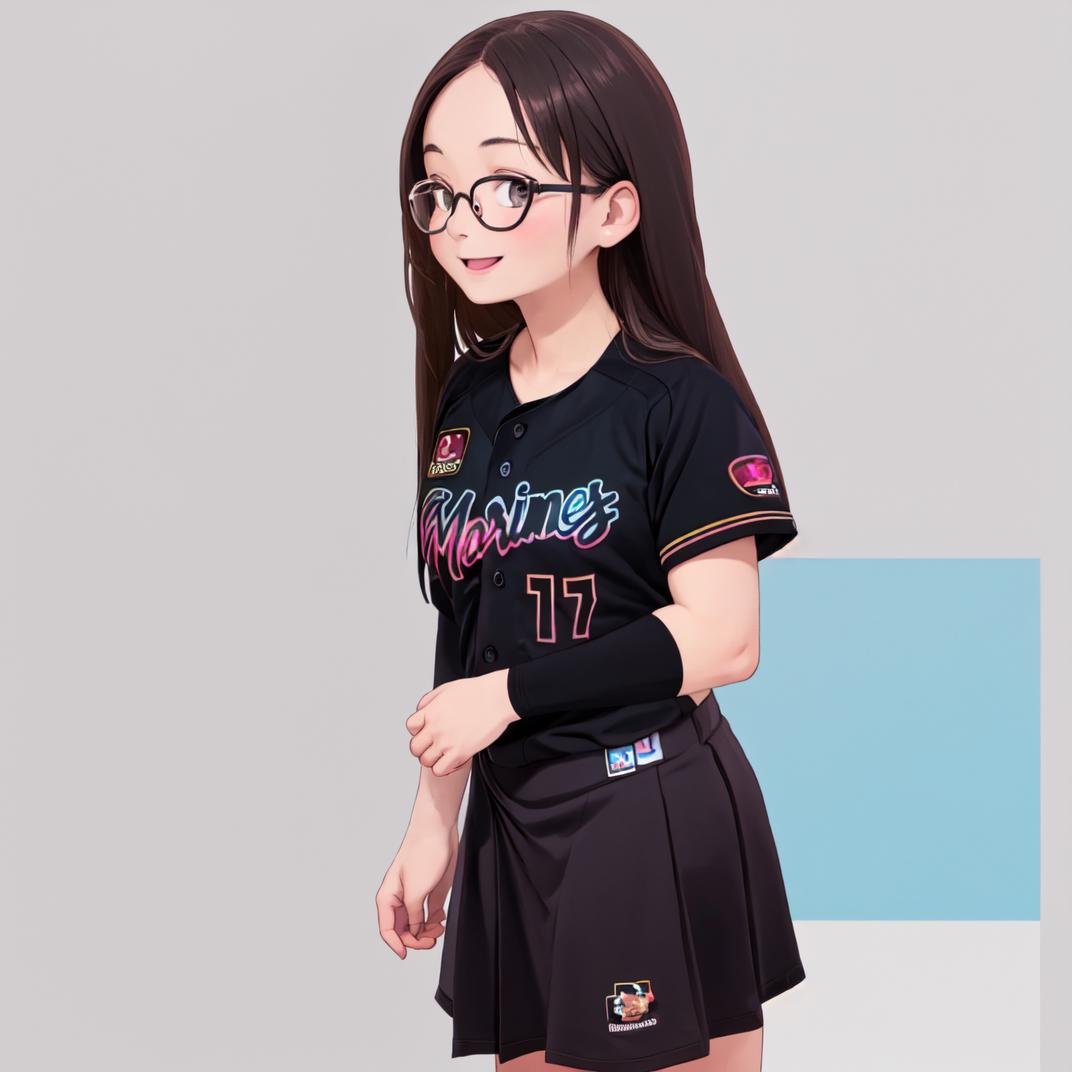 best quality, ultra-detailed, illustration,1girl, solo, glasses, black hair, long hair, looking at viewer, happy, laughing, standing,BSW2023, baseball uniform, black shirt, skirt, gray background, simple background,  <lora:Chiba_Lotte_Marines_BSW2023_Uniform_SD15_V1:1>