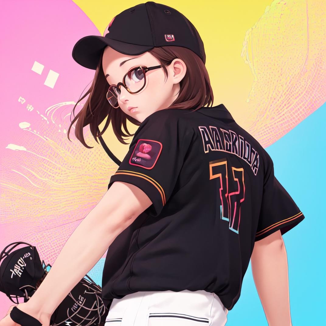 best quality, ultra-detailed, illustration,1girl, glasses, solo, BSW2023, baseball uniform, black shirt, baseball cap, upper body, black headwear, facial hair, gradient background, gradient, short hair, short sleeves, from behind <lora:Chiba_Lotte_Marines_BSW2023_Uniform_SD15_V1:1>