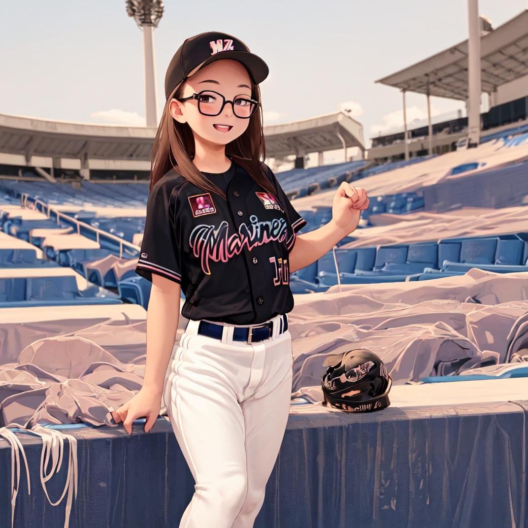 best quality, ultra-detailed, illustration,1girl, solo, glasses, black hair, long hair, looking at viewer, happy, laughing, standing, BSW2023, baseball uniform, black shirt, baseball cap, white pants, belt, baseball stadium,  <lora:Chiba_Lotte_Marines_BSW2023_Uniform_SD15_V1:1>