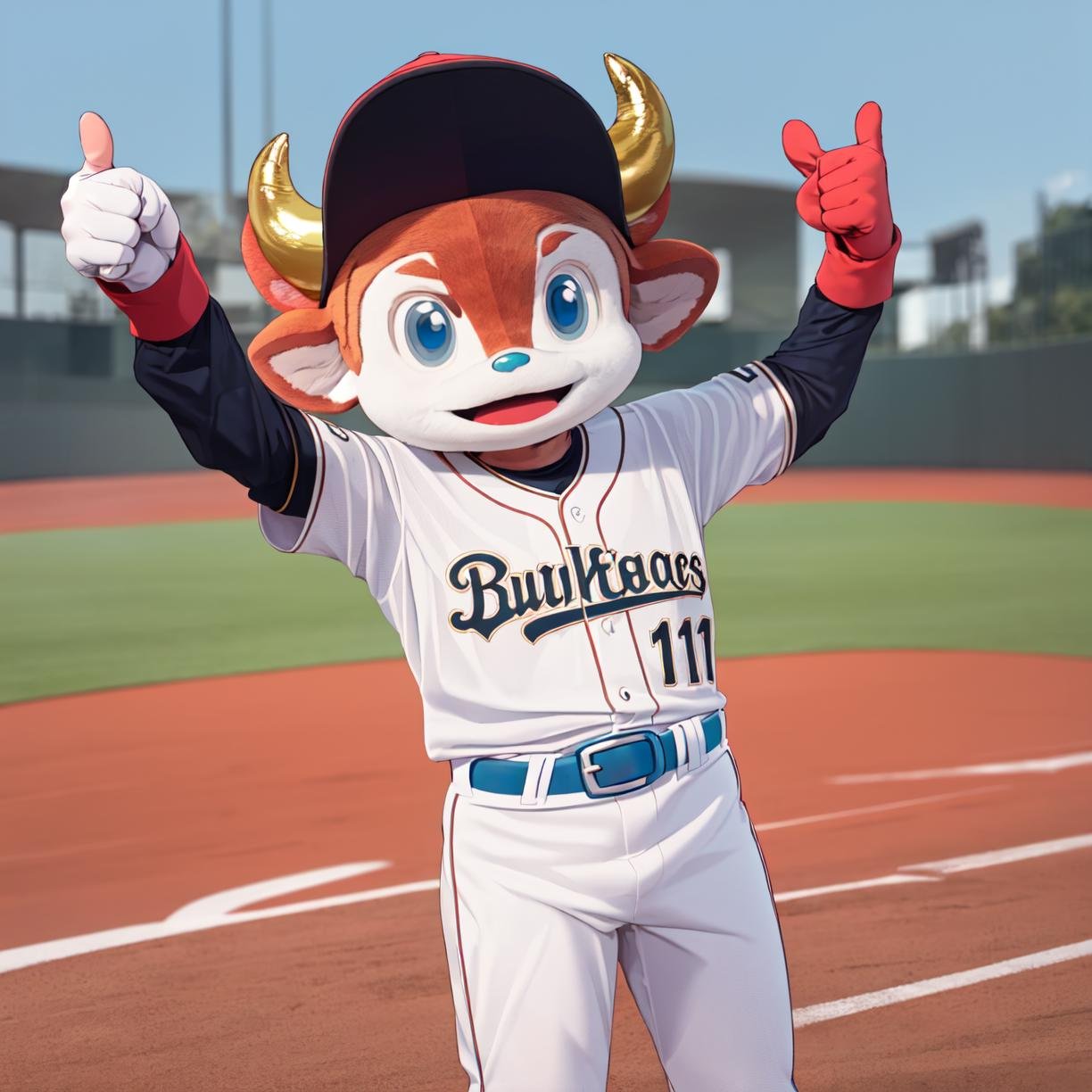 best quality, ultra-detailed, illustration,buffalo_bull, (solo:1.4), thumbs up, mascot, blue eyes, horns, baseball cap, gloves, clothes writing, furry male, baseball uniform, smile,  animal ears, belt, open mouth, furry, arm up, thumbs up, , baseball stadium,<lora:Buffalo_BULL_SD15_V1:0.8>