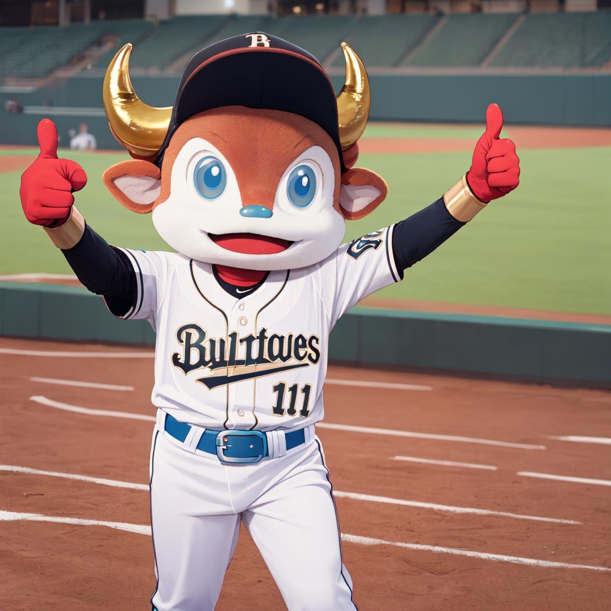 best quality, ultra-detailed, illustration,buffalo_bull, (solo:1.4), thumbs up, mascot, blue eyes, horns, baseball cap, gloves, clothes writing, furry male, baseball uniform, smile,  animal ears, belt, open mouth, furry, arm up, thumbs up, , baseball stadium,<lora:Buffalo_BULL_SD15_V1:0.8>