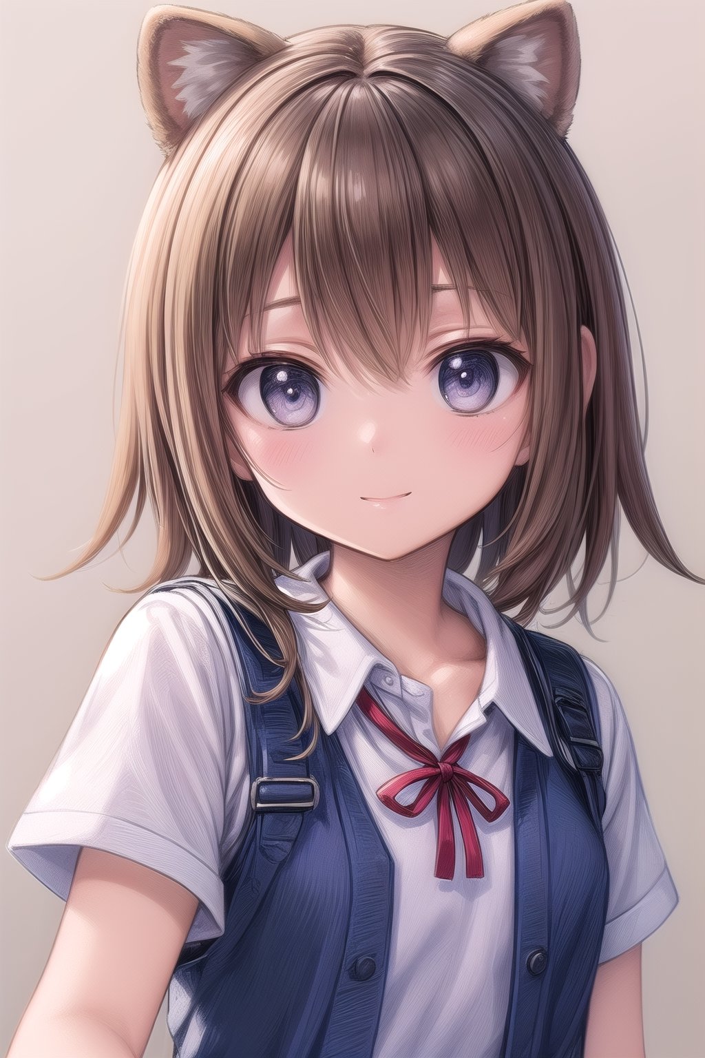 Raccoon girl, ears, brown pixie cut hair, tanned skin, middle school uniform, smile: 0.8, Avatar, brown: 1.2, pale light, upper body, Simple background, flat background, pale background, light brown tone, (masterpiece, top quality, super detailed, high resolution, highly detailed),girl