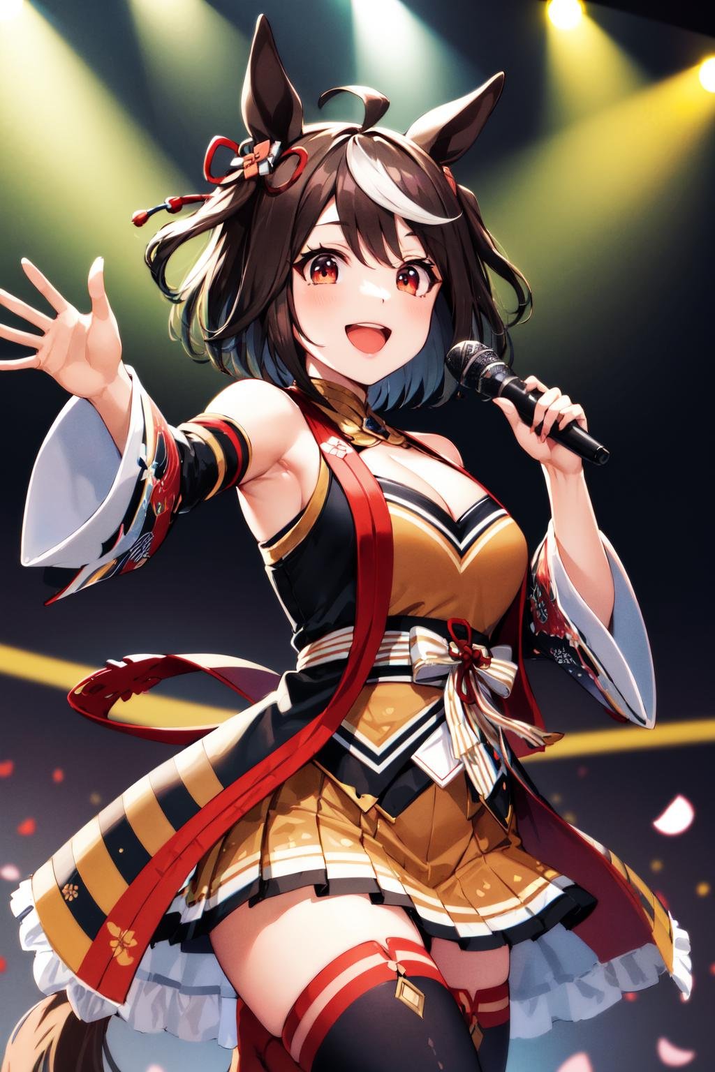 masterpiece, best quality, highres, aakitasan, animal ears, short hair, streaked hair, hair ornament, medium breasts, horse tail, cleavage, clothing cutout, detached sleeves, shimenawa, skirt, black thighhighs, <lora:kitasan_black_v1:0.7>, stage, holding microphone, open mouth, smile, singing, reaching out,