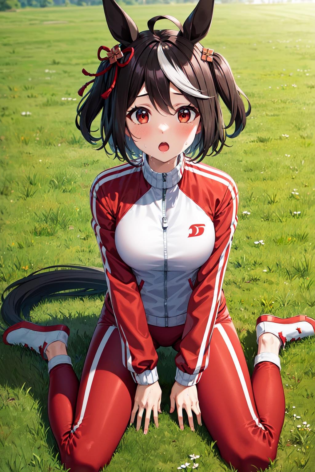 masterpiece, best quality, highres, bbkitasan, animal ears, short hair, streaked hair, hair ornament, horse tail, tracen training uniform, red jacket, track jacket, long sleeves, red pants, <lora:kitasan_black_v1:0.7>, outdoors, field, wariza, :o, sweat,