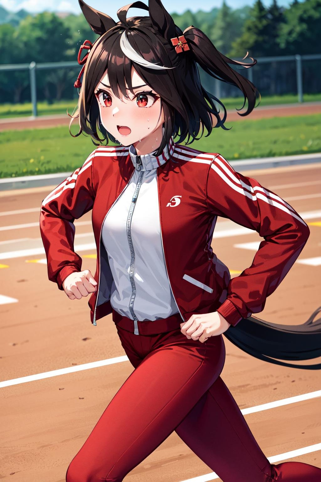 masterpiece, best quality, highres, bbkitasan, animal ears, short hair, streaked hair, hair ornament, horse tail, tracen training uniform, red jacket, track jacket, long sleeves, red pants, <lora:kitasan_black_v1:0.7>, outdoors, (running:1.2), sweat, running track,