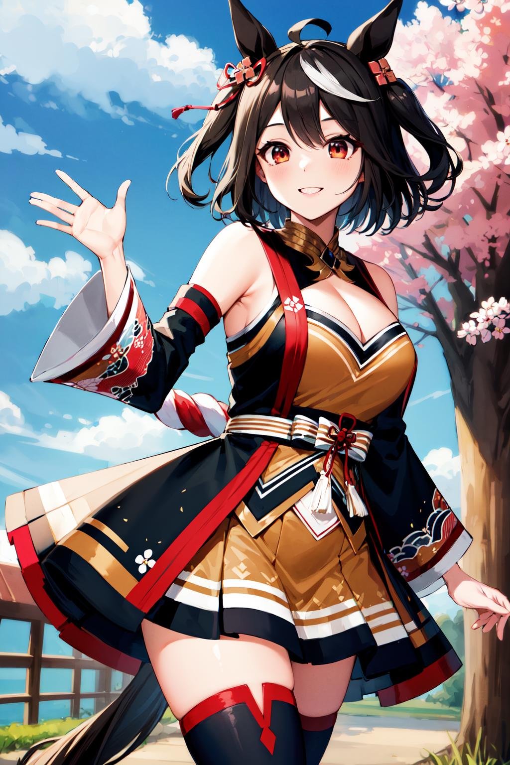 masterpiece, best quality, highres, aakitasan, animal ears, short hair, streaked hair, hair ornament, medium breasts, horse tail, cleavage, clothing cutout, detached sleeves, shimenawa, skirt, black thighhighs, <lora:kitasan_black_v1:0.7>, outdoors, smile, cowboy shot, standing, straight-on, 