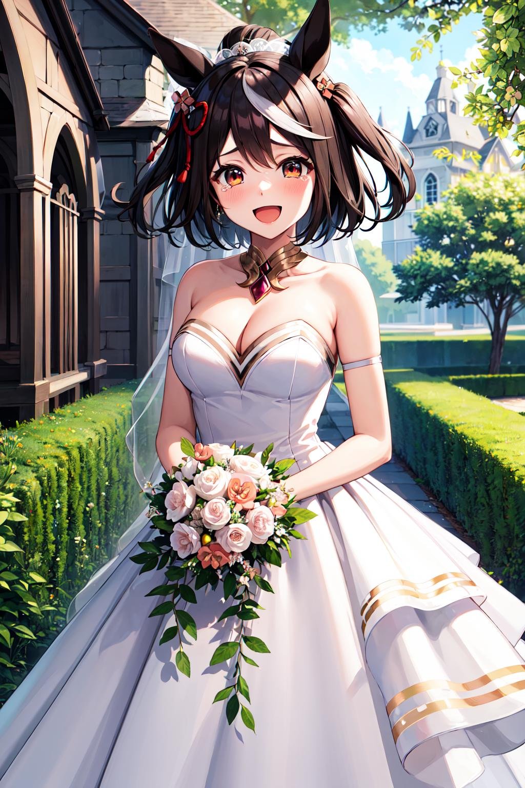 masterpiece, best quality, highres, aakitasan, animal ears, short hair, streaked hair, hair ornament, medium breasts, horse tail, <lora:kitasan_black_v1:0.7>, wedding dress, bridal veil, church, garden, holding bouquet, smile, open mouth, tears