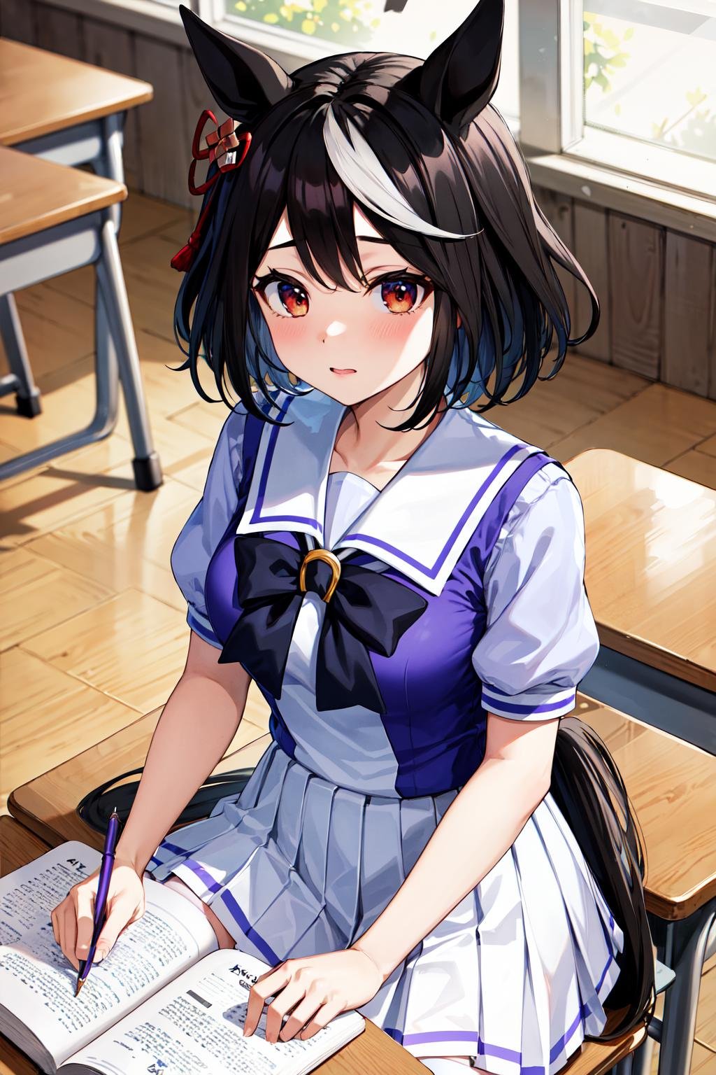 masterpiece, best quality, highres, bbkitasan, animal ears, short hair, streaked hair, hair ornament, horse tail, tracen school uniform, sailor collar, purple shirt, sailor shirt, purple bowtie, short sleeves, white skirt, pleated skirt, white thighhighs, <lora:kitasan_black_v1:0.7>, sitting, classroom, desk, table, studying, writing, book