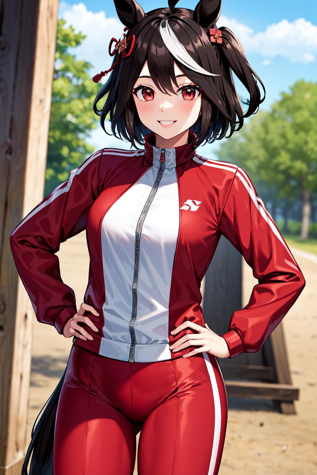 masterpiece, best quality, highres, bbkitasan, animal ears, short hair, streaked hair, hair ornament, horse tail, tracen training uniform, red jacket, track jacket, long sleeves, red pants, <lora:kitasan_black_v1:0.7>, outdoors, cowboy shot, standing, smile, hand on hip,