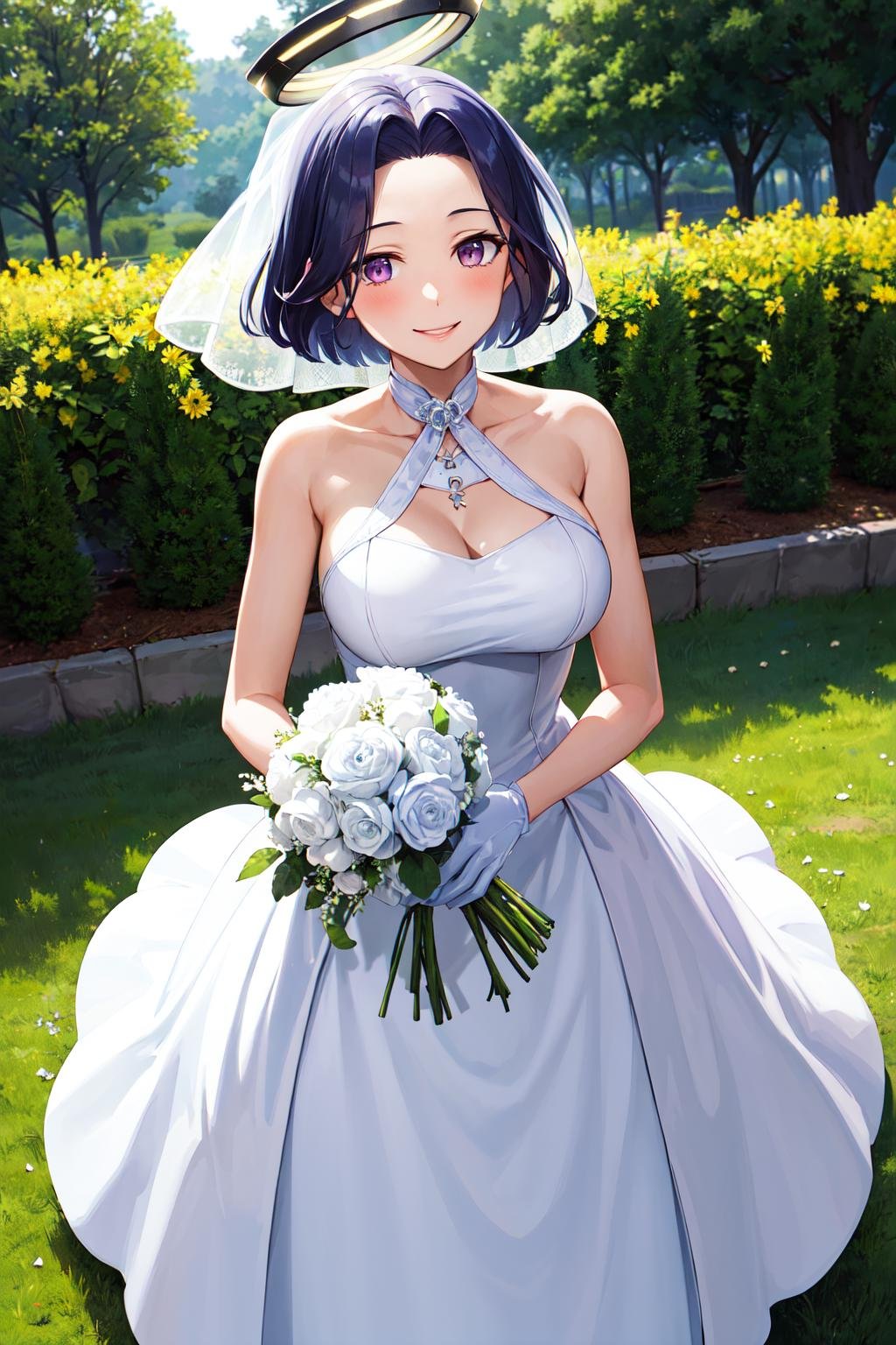 masterpiece, best quality, highres, aatats, mechanical halo, short hair, large breasts, <lora:tatsuta_(kancolle)_v1:0.7>, wedding dress, white gloves, holding bouquet, smile, garden, cowboy shot, 