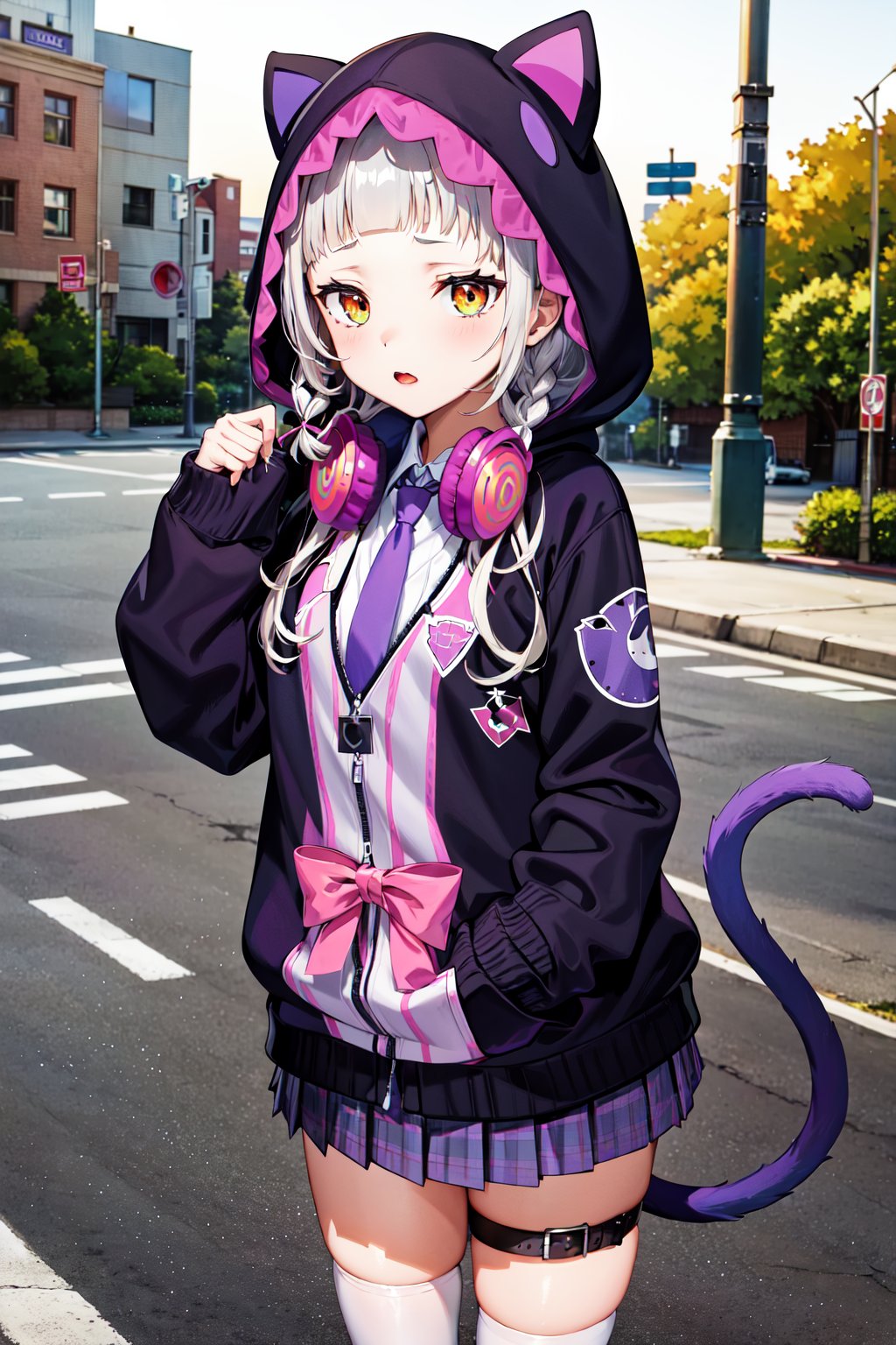 masterpiece, best quality, highres, ddshion, 1girl, long hair, braid, headphones around neck, cat tail, hood up, animal hood, hooded jacket, pink bow, purple necktie, long sleeves, sleeves past wrists, purple skirt, pleated skirt, white thighhighs, thigh strap, <lora:murasaki_shion_v1:0.75>, cowboy shot, standing, outdoors, street