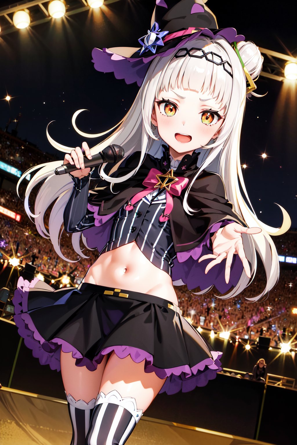 masterpiece, best quality, highres, aashion, 1girl, long hair, (single hair bun:1.1), short eyebrows, small breasts, hairband, witch hat, pink bowtie, black capelet, pinstripe shirt, long sleeves, midriff, black skirt, miniskirt, striped thighhighs, aged down, <lora:murasaki_shion_v1:0.75>, cowboy shot, standing, stage, smile, open mouth, holding microphone, reaching out, 